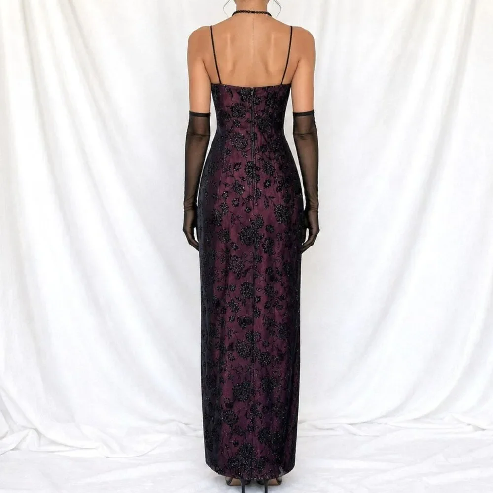 Vintage Y2K Burgundy Red Floral Velvet Side Slit Mesh Bodycon Maxi Prom Dress M